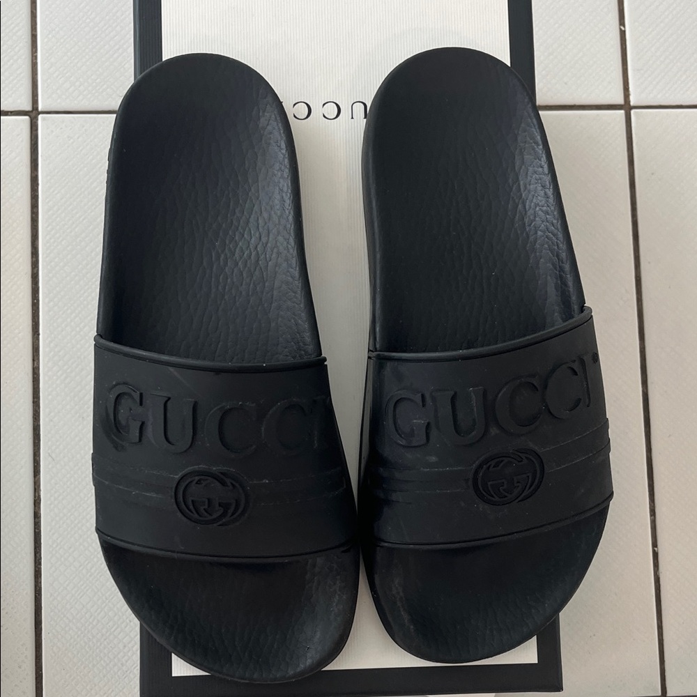 Gucci Black Embossed Slide Sandals